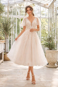Ivory Cap Sleeve V-Neck Applique Tea Length Wedding Dress for Wedding Reception and Party Style MG_700977 front view