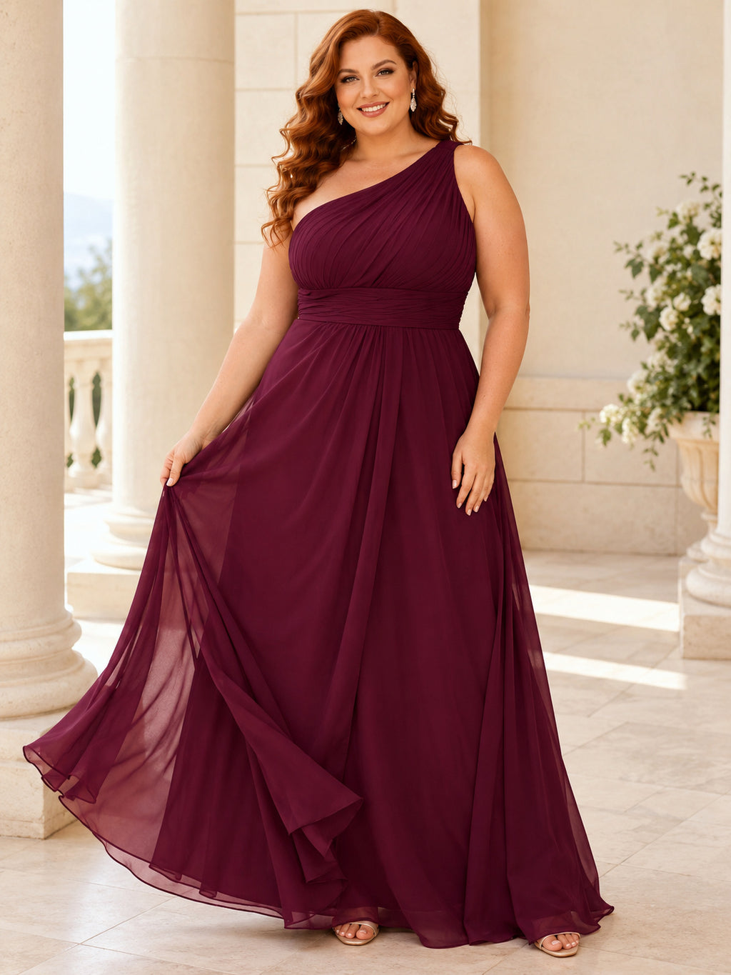 Burgundy Chiffon Plus Size One Shoulder A Line Prom Gown front view
