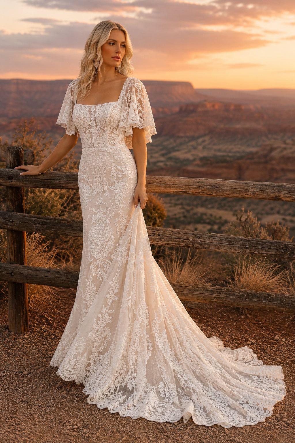 Ivory Square Neck Flutter Sleeve Lace Mermaid Wedding Dress with Low Back and Train front view
