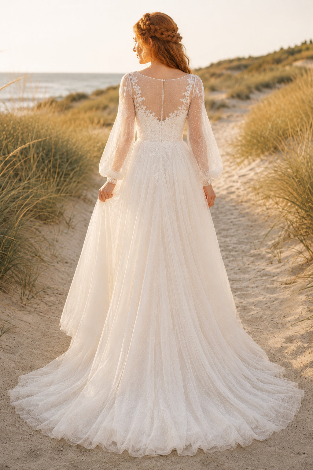 High Neck Long Sleeve A-Line Wedding Dress with Lace Bodice and Soft Tulle Train back view