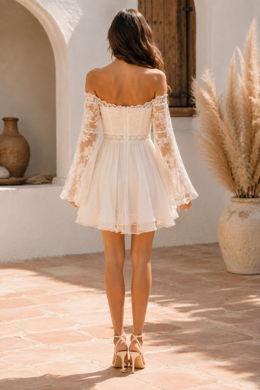 Off-the-Shoulder Short Tulle Wedding Dress with Long Lace Sleeves back view