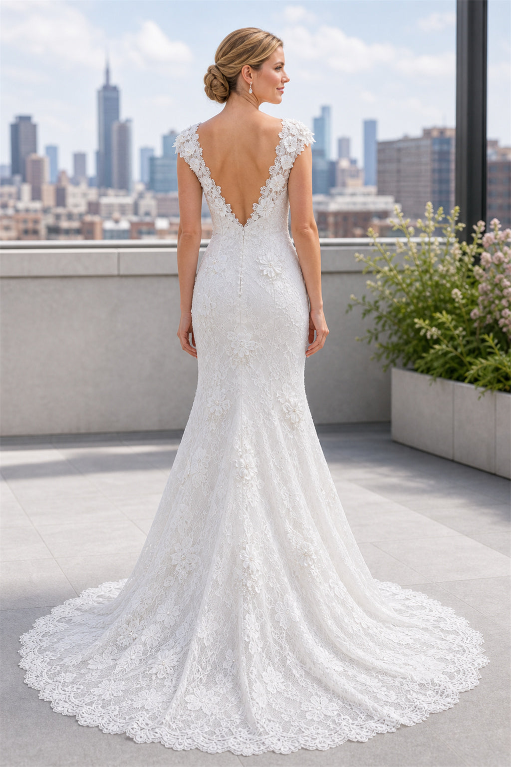 White V-neck Mermaid Lace Floor-length Wedding Dress With Lace and Train and Open Back