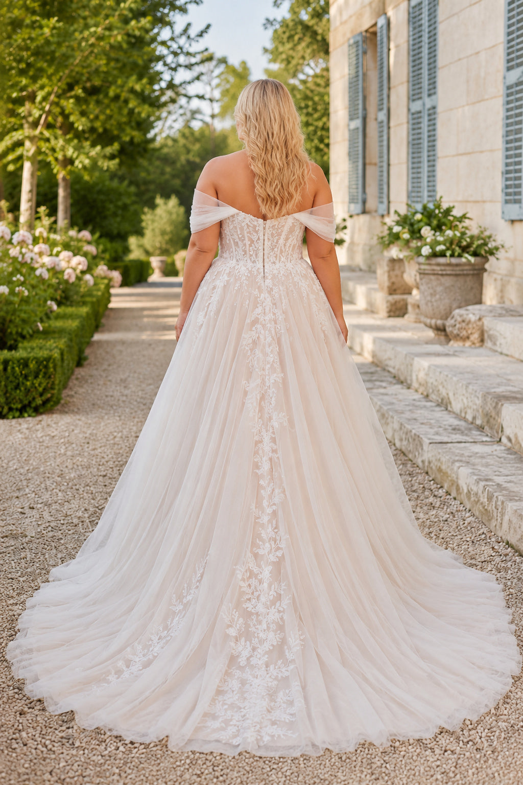 Ivory Plus Size Off-the-Shoulder Lace A-Line Wedding Dress with Applique Skirt and Train back view