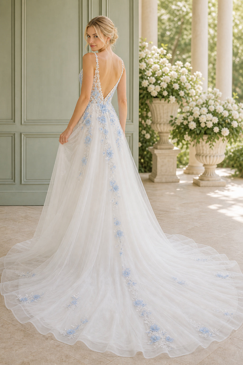 Ivory V-neck Spaghetti Strap A-Line Tulle Floor-Length Dress With Blue Floral Appliques
