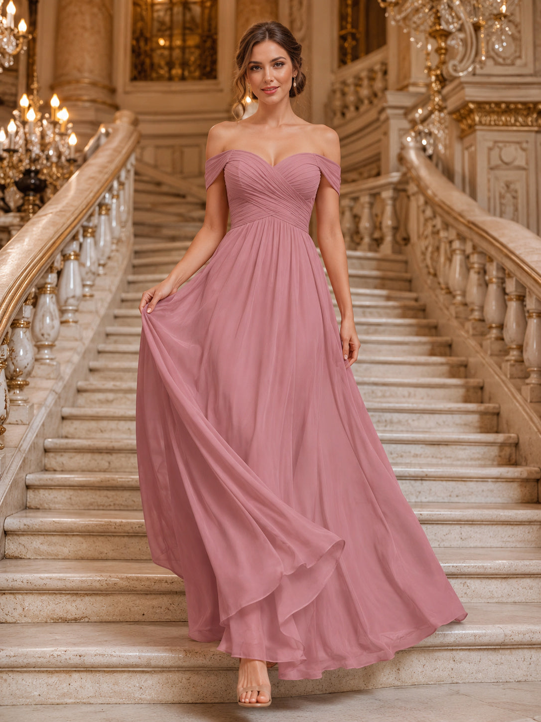 Opera Evening Formal Dusty Rose Romantic Elegant A-Line Chiffon Bridesmaid Dress with Off Shoulder Sweetheart Short Sleeve Fl