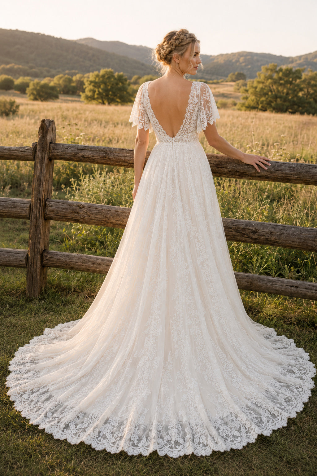 Ivory Cap Sleeve Chiffon A-Line Wedding Dress with V-Neck and Low Back back view