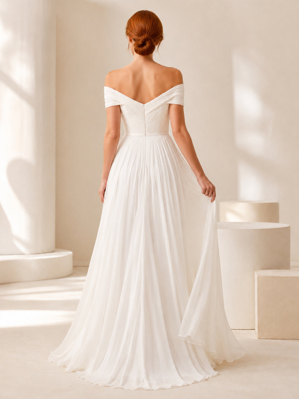 Pearl Tone Off Shoulder Chiffon A-Line Evening Gown back view