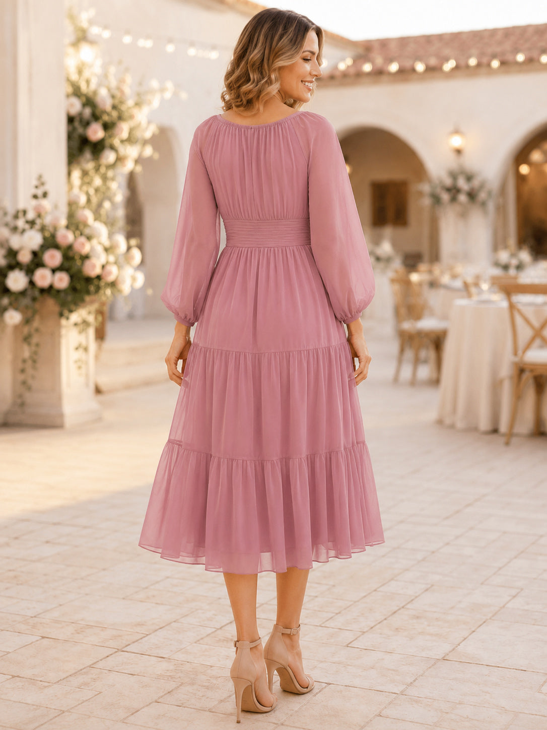Dusty Rose Scoop Neck Poet Sleeve Tiered Chiffon Guest Dress back view