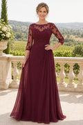 Burgundy Chiffon A-Line Mother Dress with Lace Illusion Three Quarter Sleeves front view