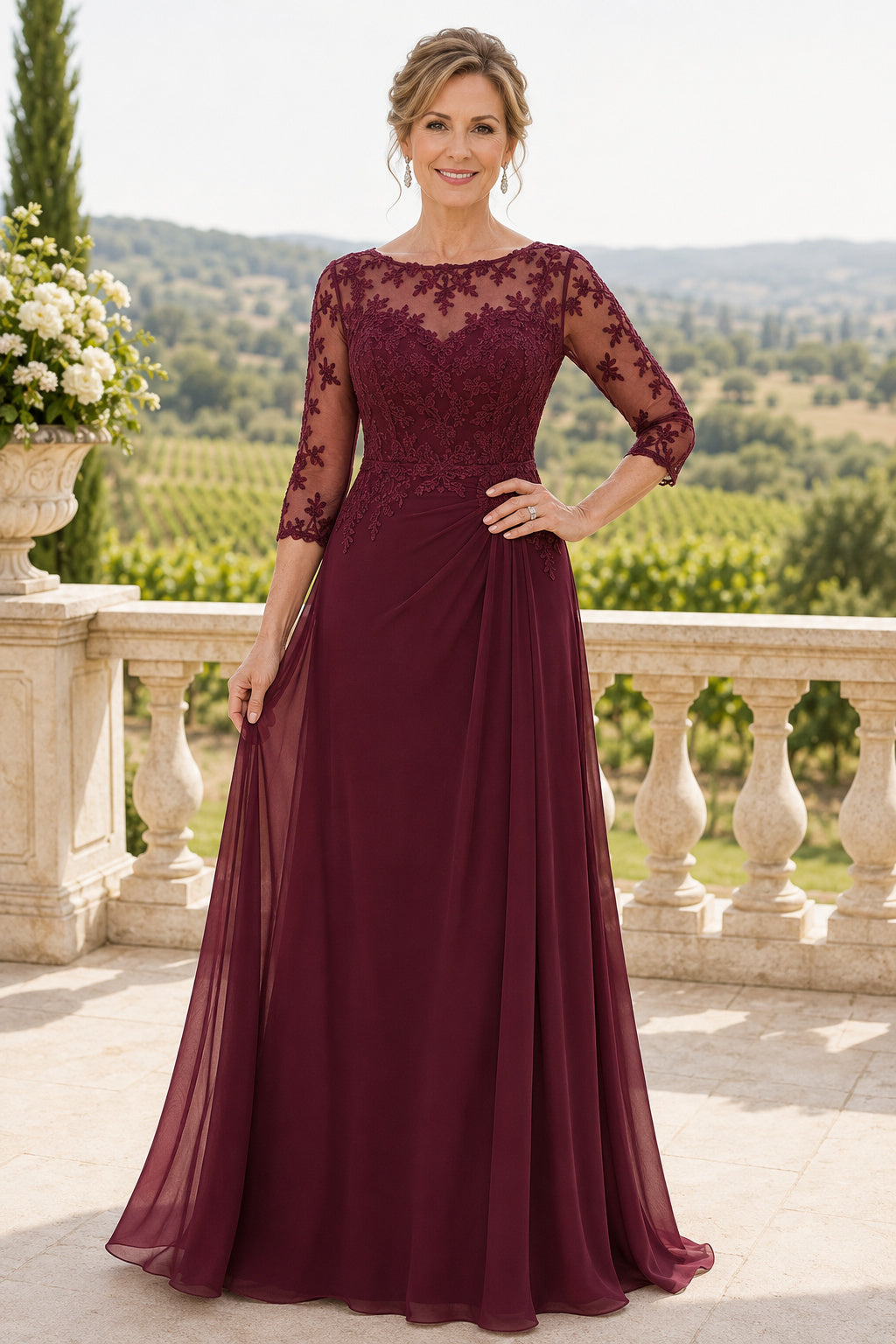 Burgundy Chiffon A-Line Mother Dress with Lace Illusion Three Quarter Sleeves front view