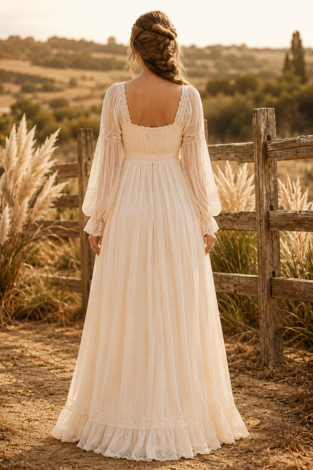 Champagne Square Neck Puff Sleeve Maternity Wedding Dress with Chiffon Skirt back view