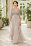 Taupe V-Neck Chiffon A-Line Mother Dress Lace Sleeves for Mother and Formal Events front view