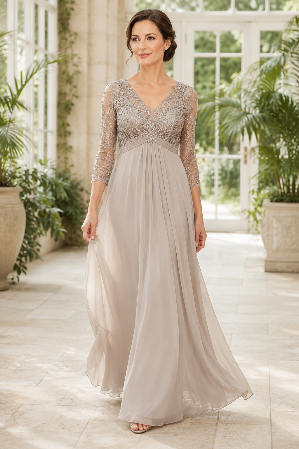 Taupe V-Neck Chiffon A-Line Mother Dress Lace Sleeves for Mother and Formal Events front view