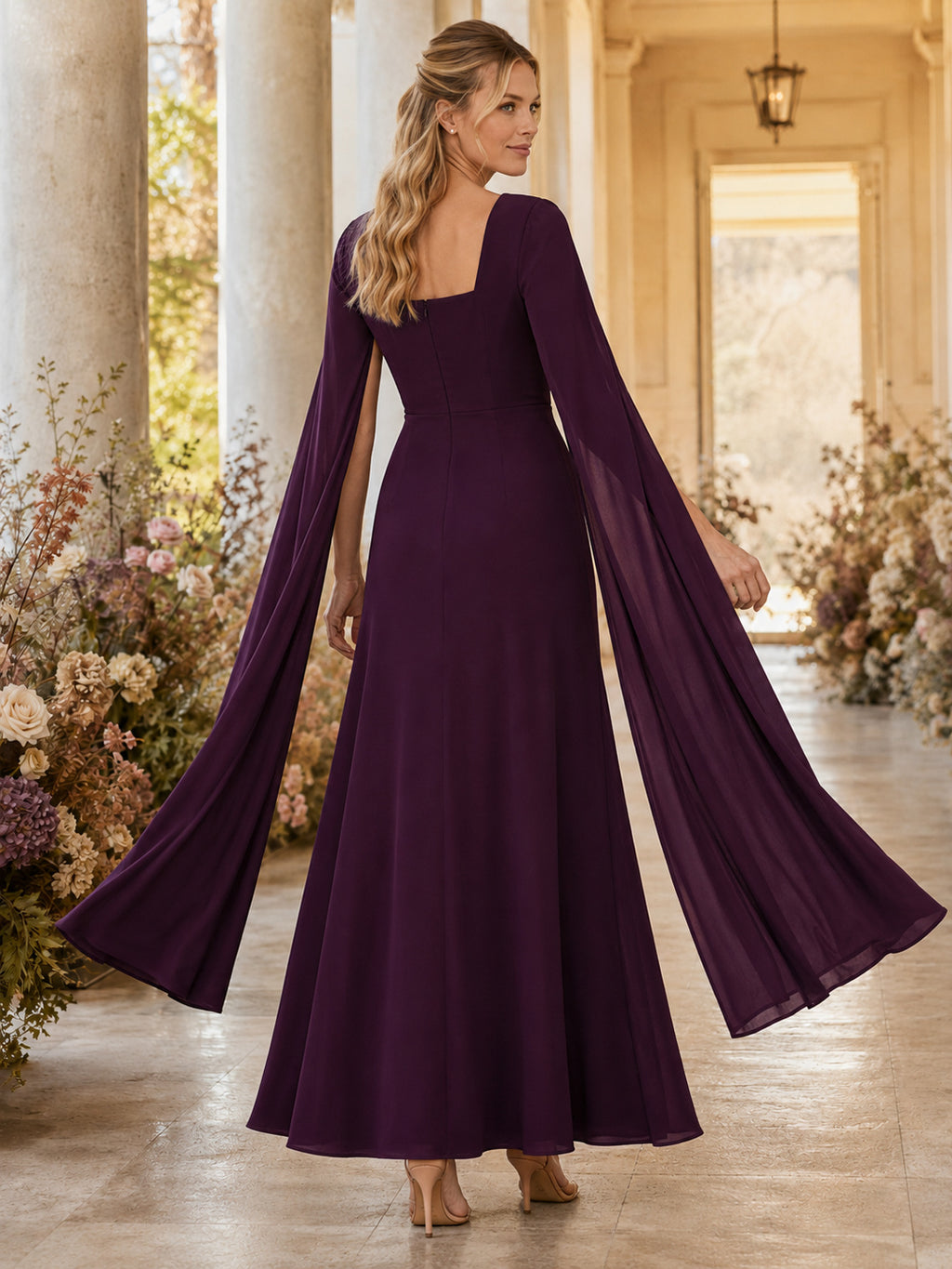 Plum Square Neck Long Cape Sleeve Chiffon A-Line Floor Guest Gown back view