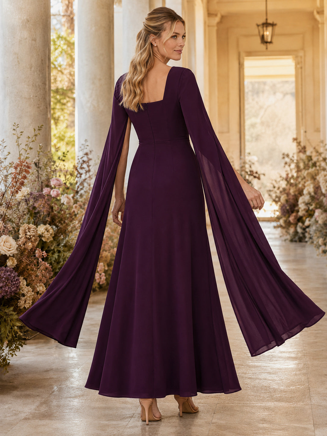 Plum Square Neck Long Cape Sleeve Chiffon A-Line Floor Guest Gown back view