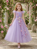 Lavender Romantic Rose Flower Girl Dress with Petal Sleeves, Tulle A-Line Skirt, Floral Appliques, and Full-Length Elegance f