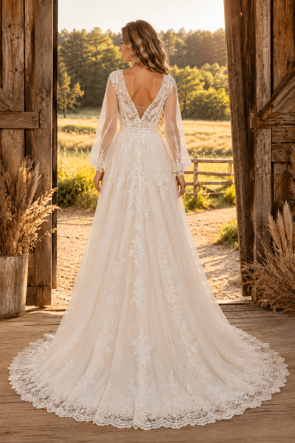 Ivory V-Neck Bishop Sleeve Lace A-Line Wedding Dress with Low-V Back and Train Style MG_701539 back view