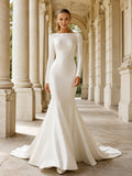 Minimalist Bateau Long Sleeve Satin Mermaid Low-V Back Sweep Wedding Dress front view