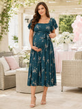 Peacock Floral Maternity Square Neck Flutter Sleeve Chiffon Belted Midi Dress front view