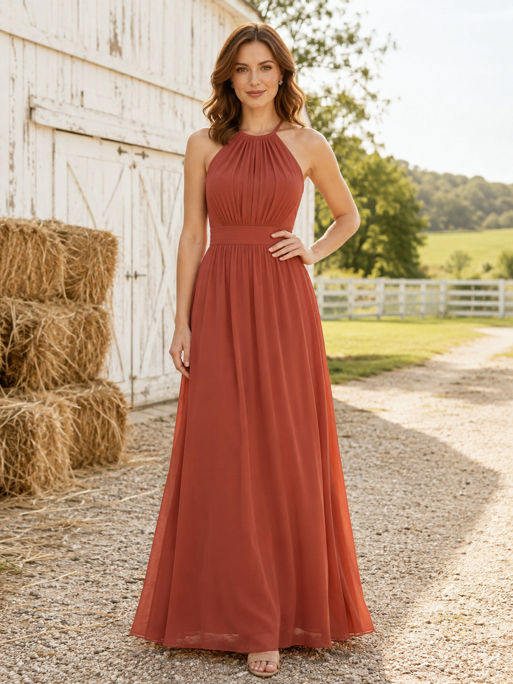 Terracotta Chiffon A-Line Halter High Neck Sleeveless Pleated Open Back Floor-Length Bridesmaid Dress front view