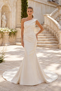 Satin Wedding Dress Mermaid One Shoulder Sleeveless Sweep Train Bridal Gown Style 721284 front view