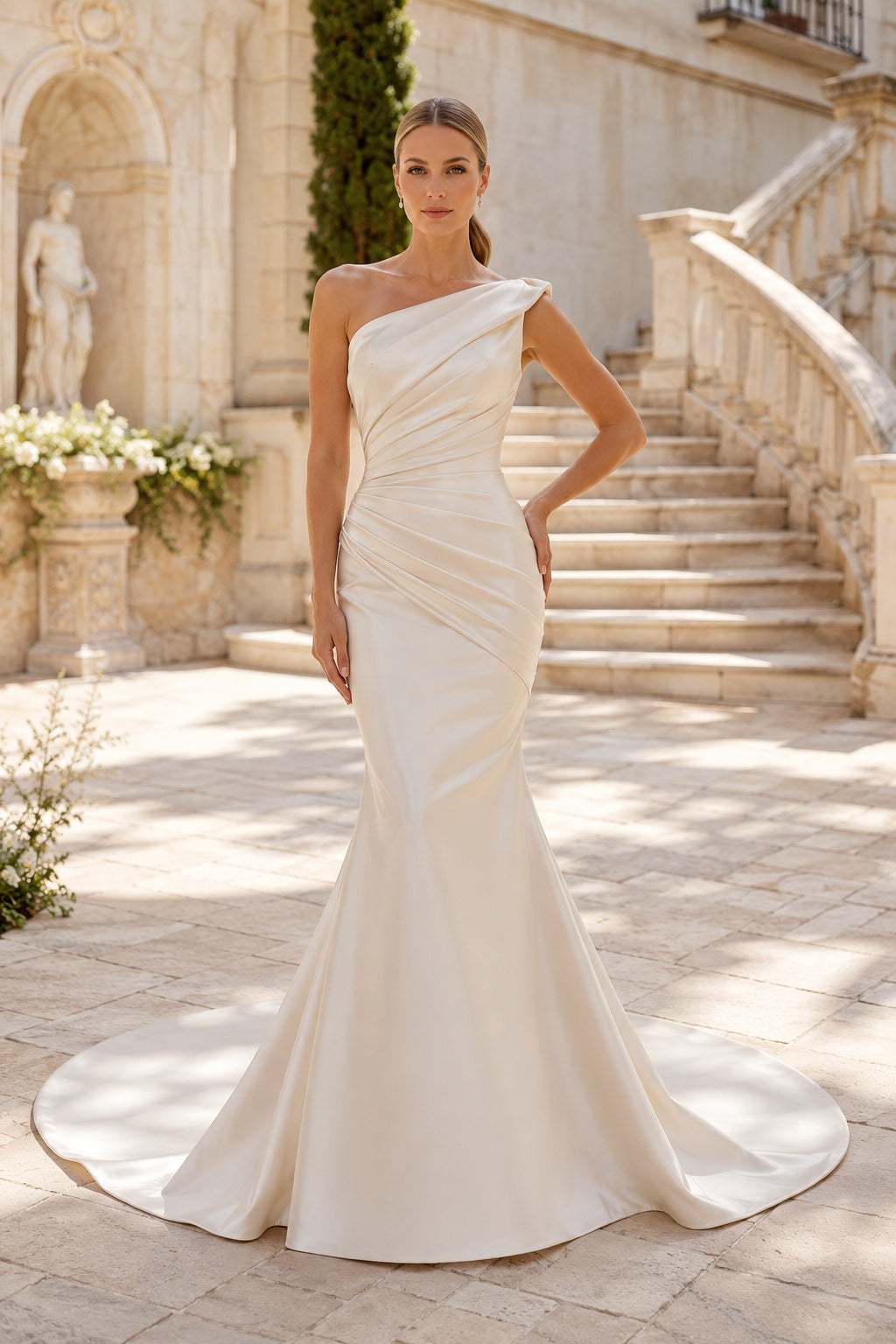 Satin Wedding Dress Mermaid One Shoulder Sleeveless Sweep Train Bridal Gown Style 721284 front view