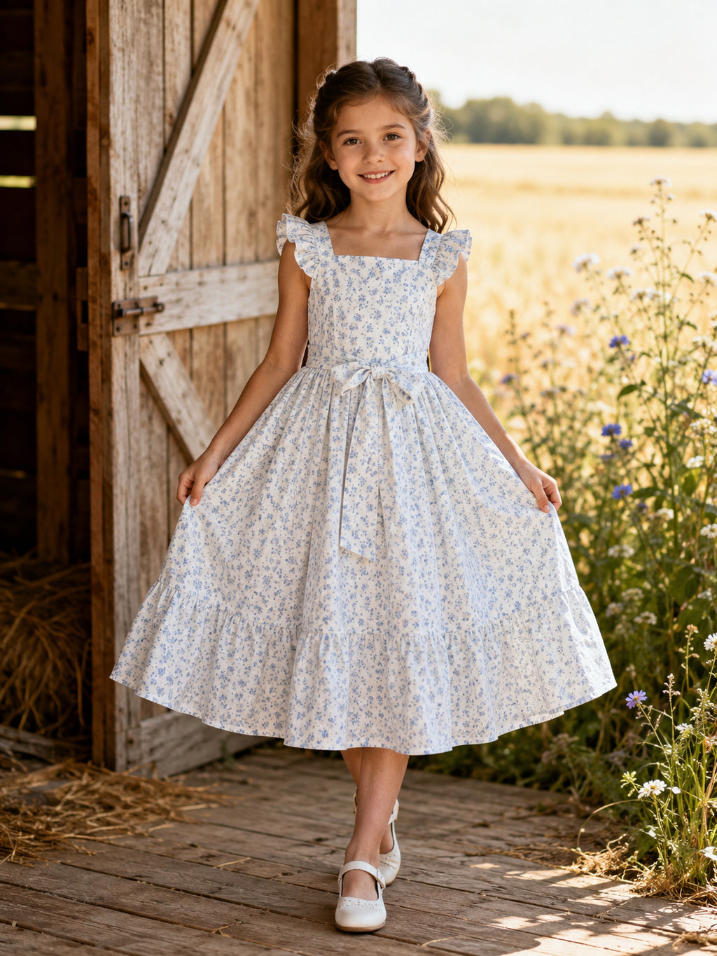 Boho Tea-Length A-Line Country Flower Girl Floral Ruffle Bow Dress with Square Neck front view