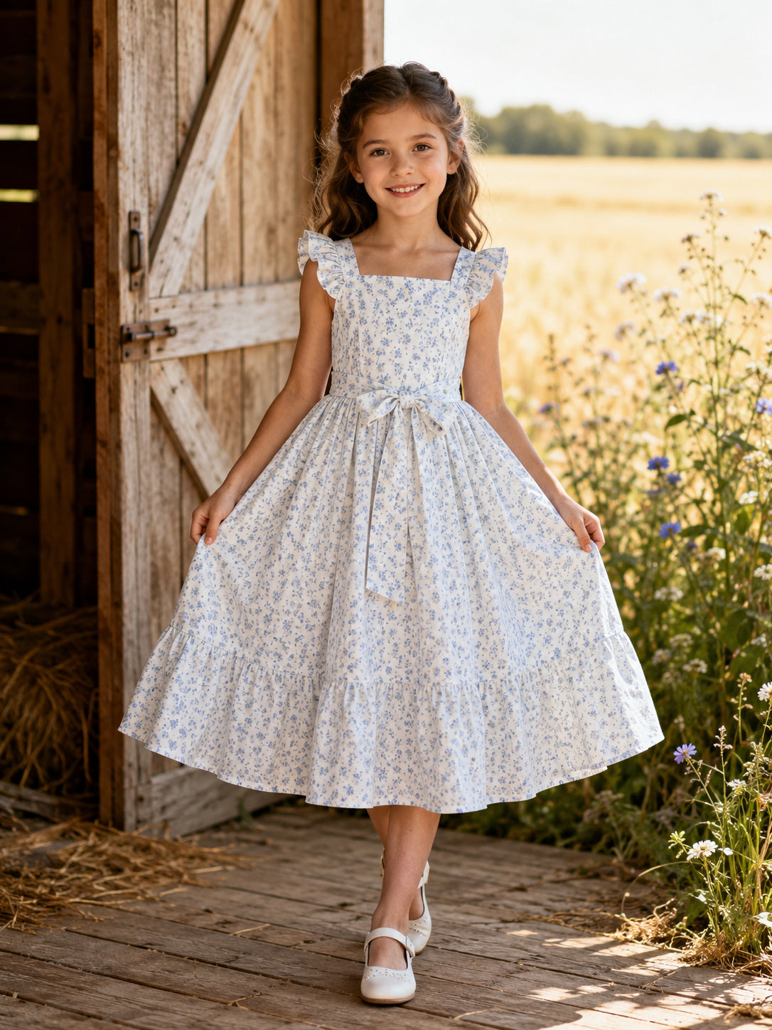 Boho Tea-Length A-Line Country Flower Girl Floral Ruffle Bow Dress with Square Neck front view