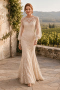 Champagne High Neck Long Sleeve Mermaid Wedding Dress with Lace Overlay Train for Beach Garden Ceremony front view