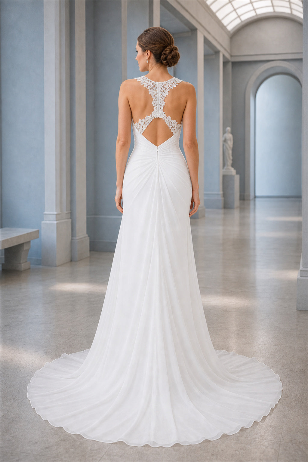 White V-neck Flutter Sleeves A-Line Chiffon Floor-length Wedding Dress With Pleated Skirt and Layered Skirt and Open Back