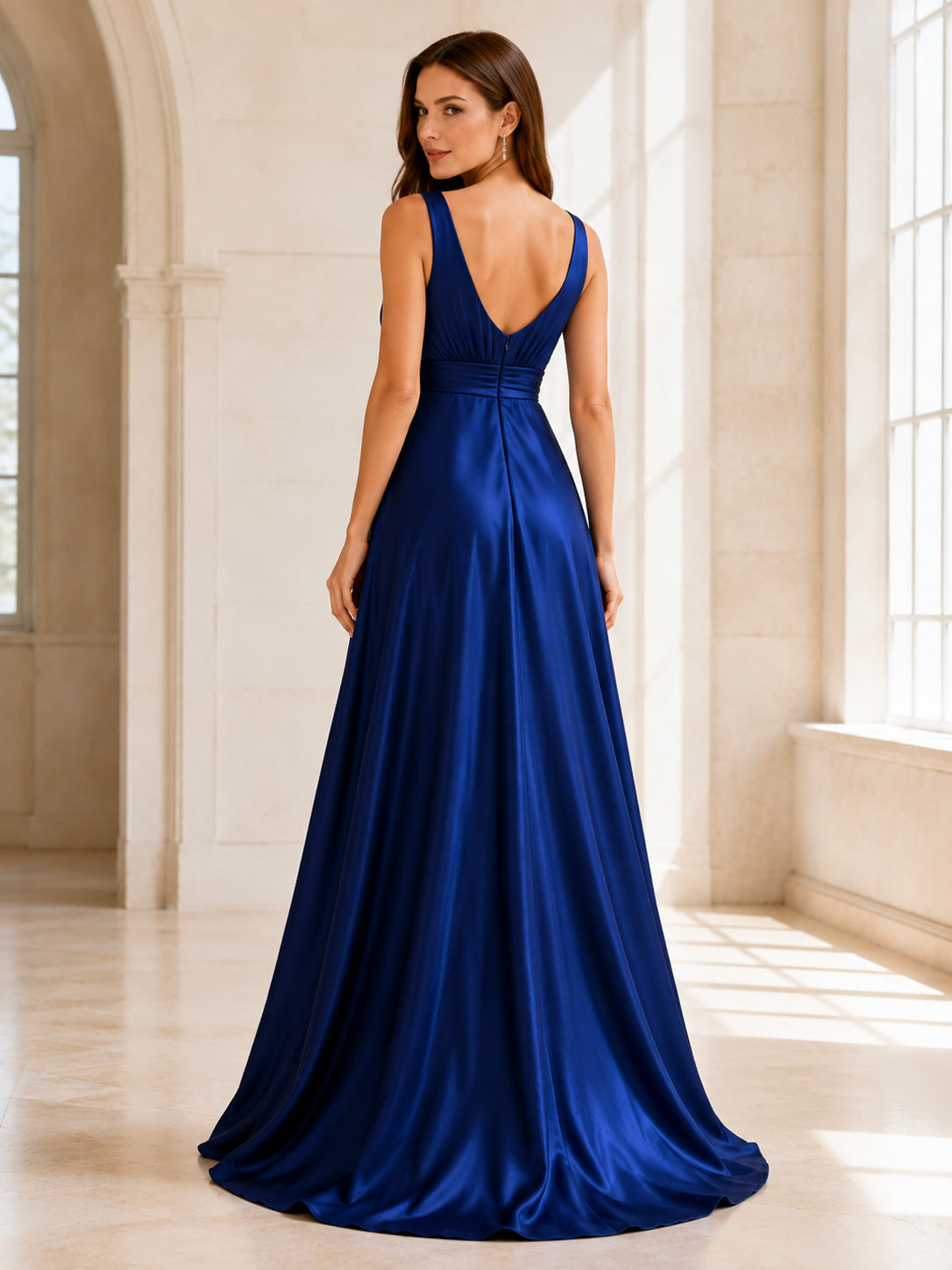 Royal Blue Scoop Neck Satin Empire Gown back view