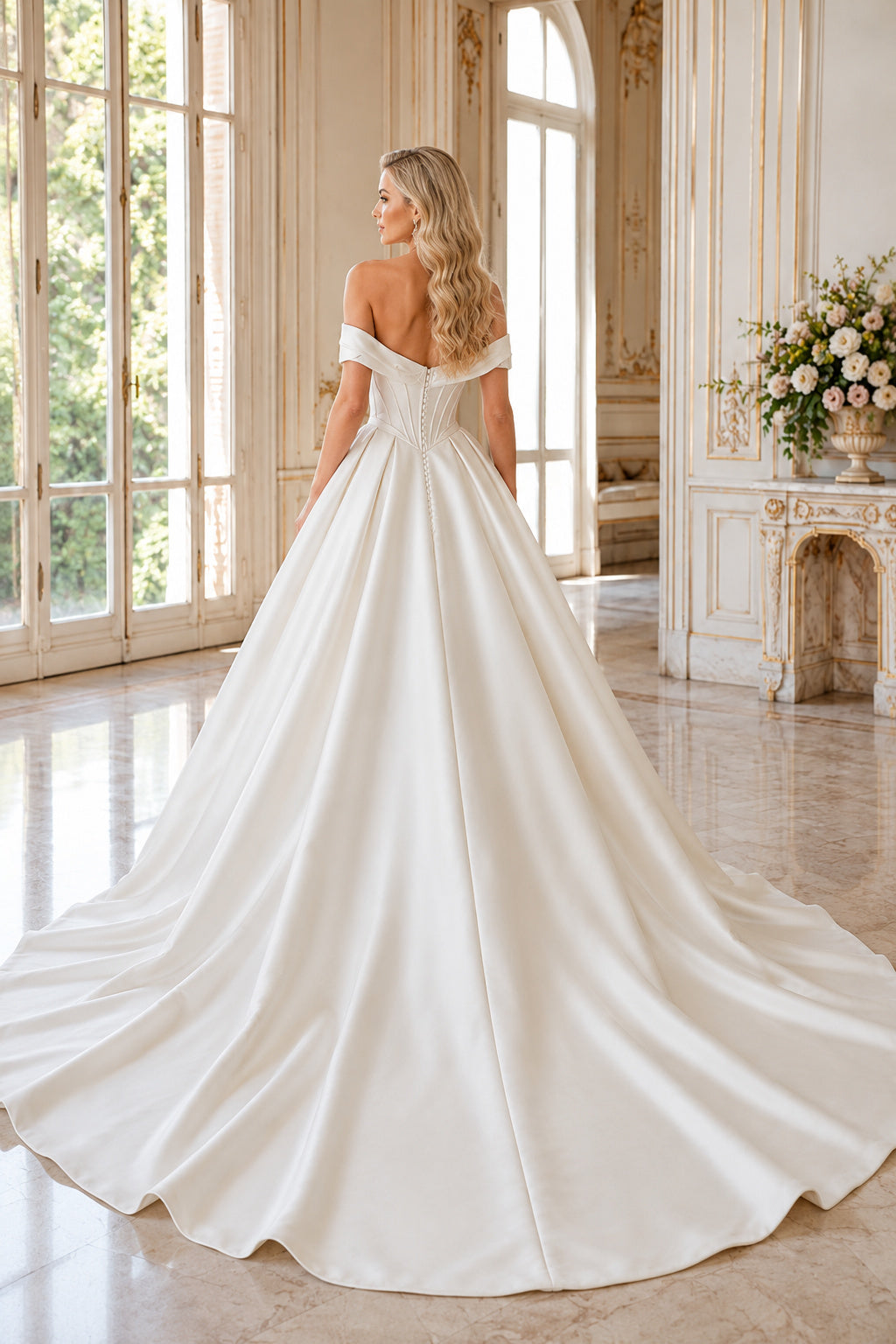 Off Shoulder Satin Ball Gown Wedding Dress with Corset Bodice back view