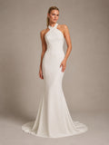 Minimalist Satin Wedding Dress Mermaid Halter Sleeveless Sweep Train Bridal Gown Style 722024 front view