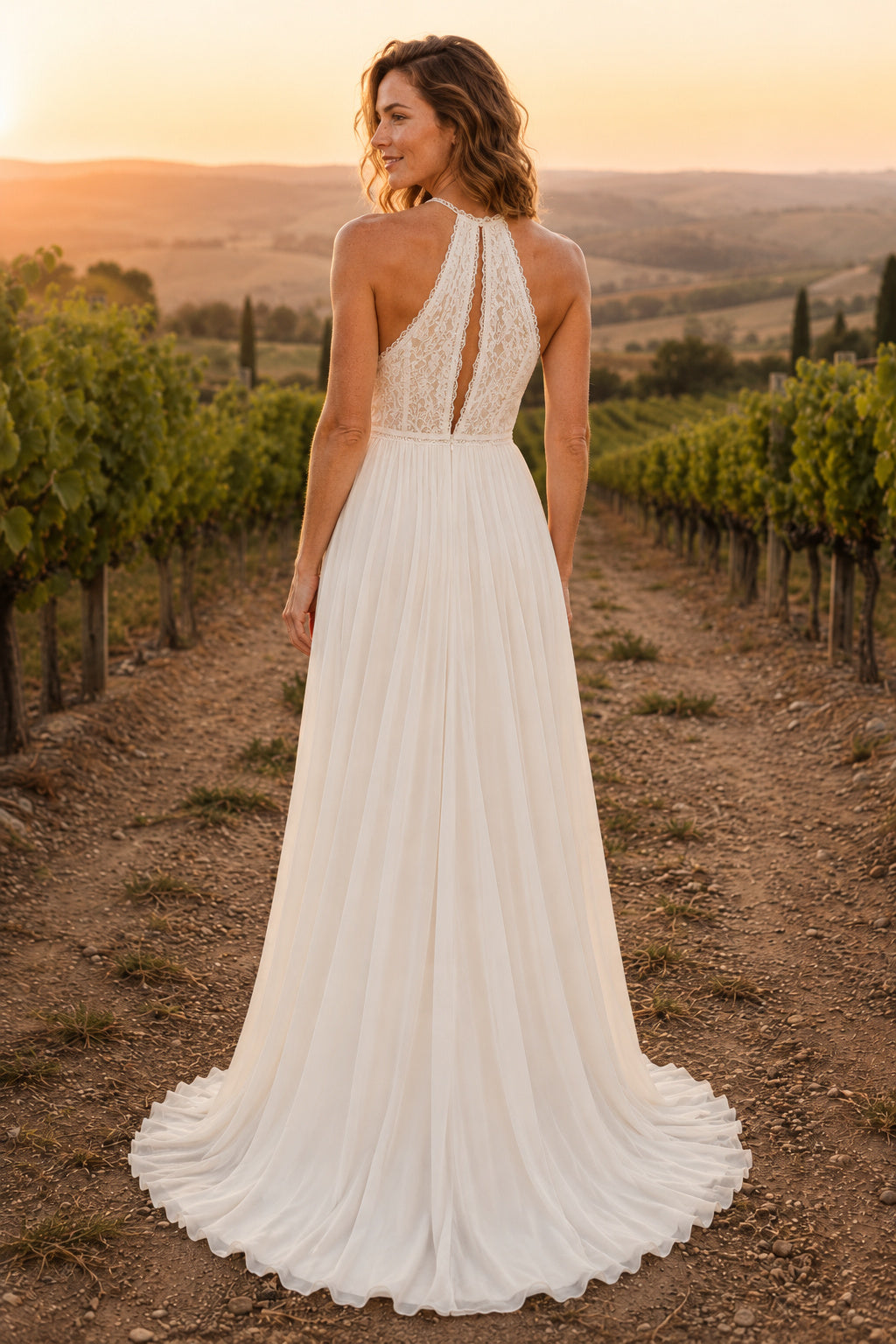 Ivory High Neck Halter Chiffon A-Line Wedding Dress with Split Back and Train back view