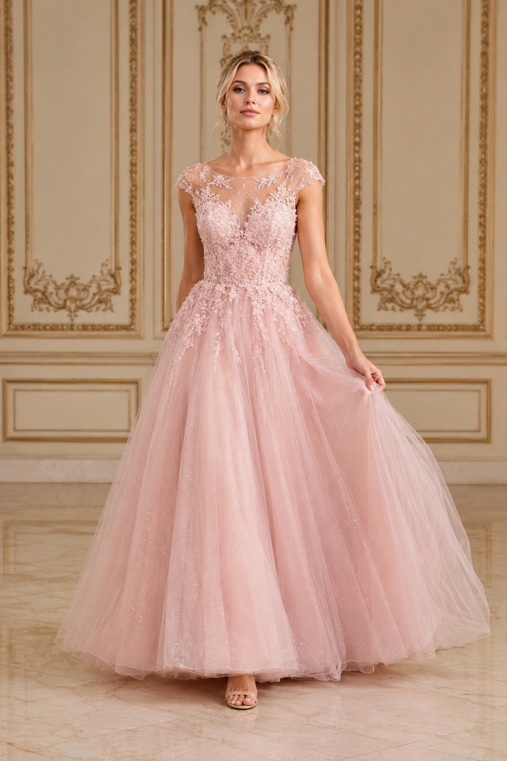 Blushing Pink Illusion Lace Ball Gown Wedding Dress with Full Tulle Skirt front view