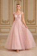 Blushing Pink Illusion Lace Ball Gown Wedding Dress with Full Tulle Skirt front view