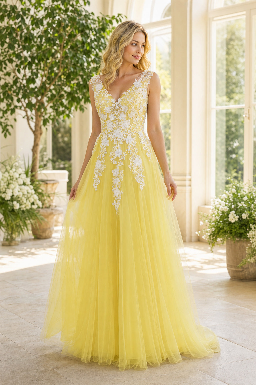 Yellow V-neck Sleeveless A-Line Tulle Floor-Length Dress With Lace Appliques