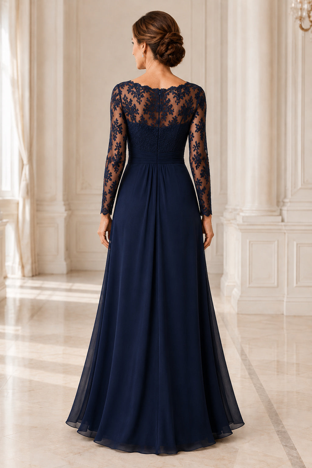 Dark Navy Bateau A-Line Mother Dress with Lace Long Sleeves and Chiffon Skirt for Evening Reception back view
