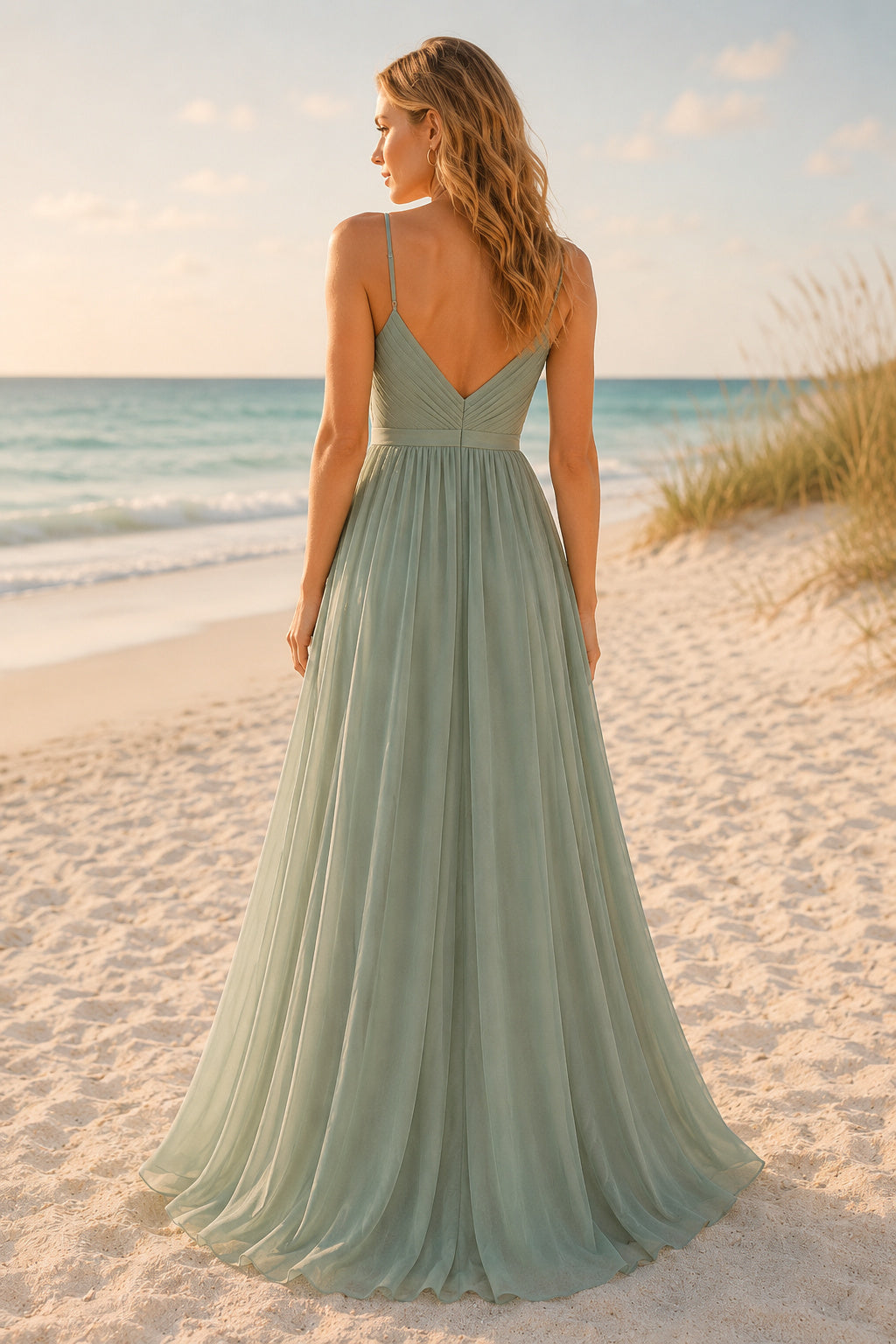 Sage Spaghetti Chiffon A-Line Beach Bridesmaid Dress with V-Neck and Flowing Skirt back view