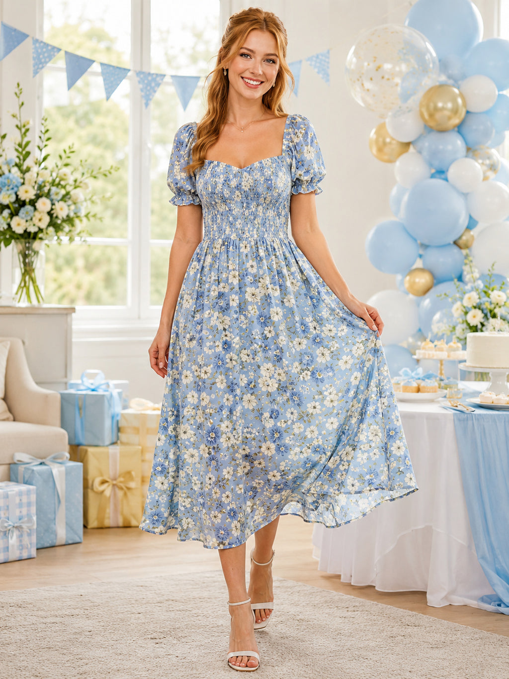 Blue Floral Square Neck Puff Sleeve Party Midi Dress front view