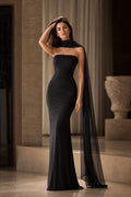 Black Strapless Floor-Length Chiffon Sheath Dress with Cape