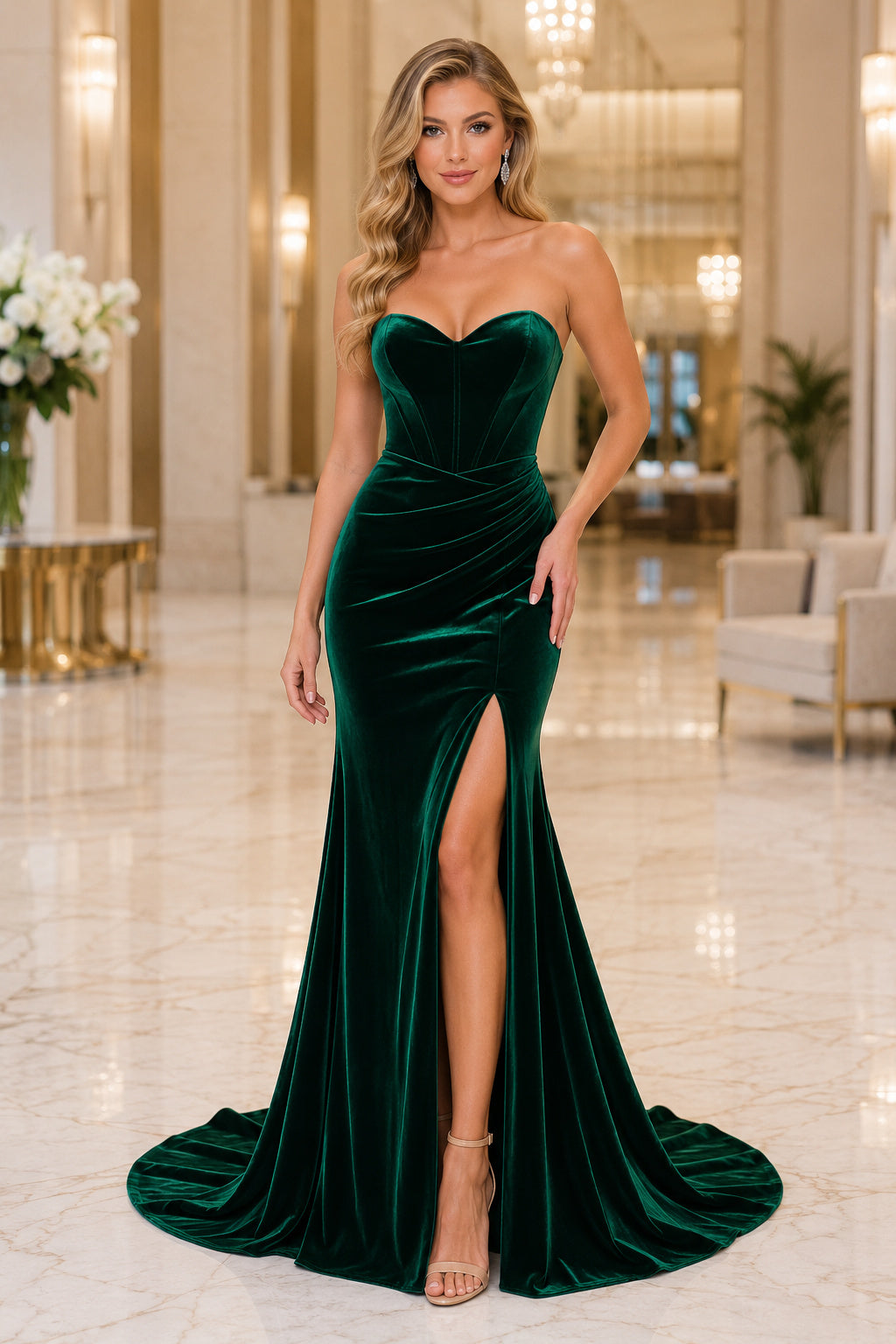 Dark Green Strapless Velvet Mermaid Prom Dress with Sweetheart Neckline and High Slit front view