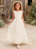 Champagne Bow Back Tulle A-Line Flower Girl Dress with Jewel Neck, Sleeveless, and Floor-length Skirt front view