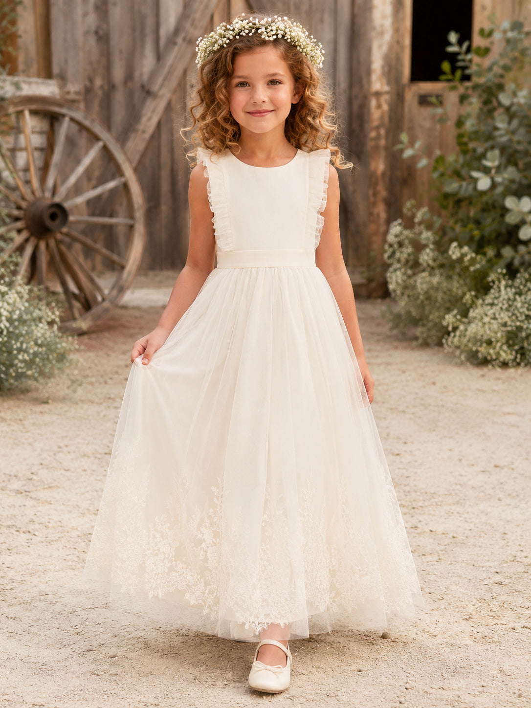 Champagne Bow Back Tulle A-Line Flower Girl Dress with Jewel Neck, Sleeveless, and Floor-length Skirt front view