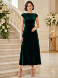 Dark Green Bateau Cap Sleeve Velvet A Line Ankle Guest Dress front view