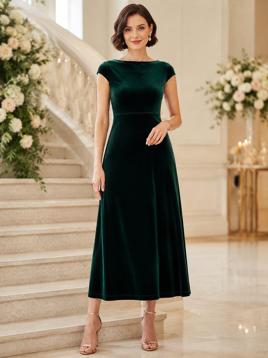Dark Green Bateau Cap Sleeve Velvet A Line Ankle Guest Dress front view