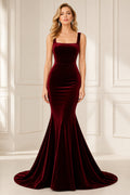 Burgundy Square Neck Velvet Mermaid Evening Dress with Wide Straps and Sweep Train front view
