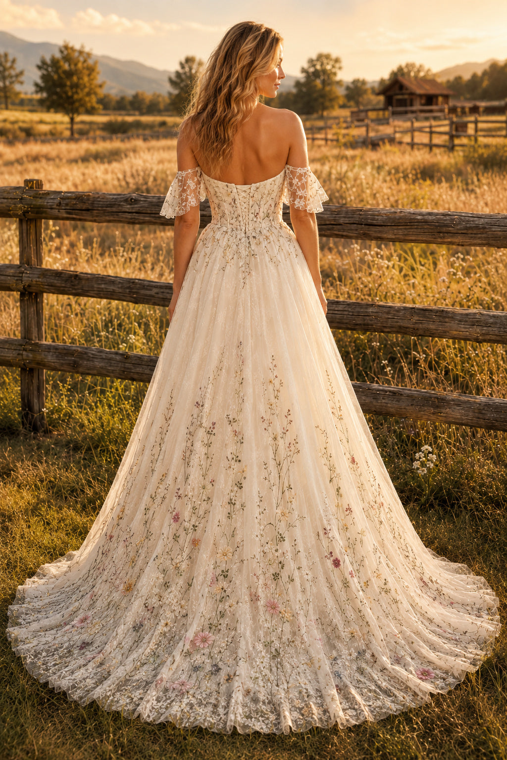 Off the Shoulder A-Line Wedding Dress with Multicolor Floral Embroidery and Full Train back view