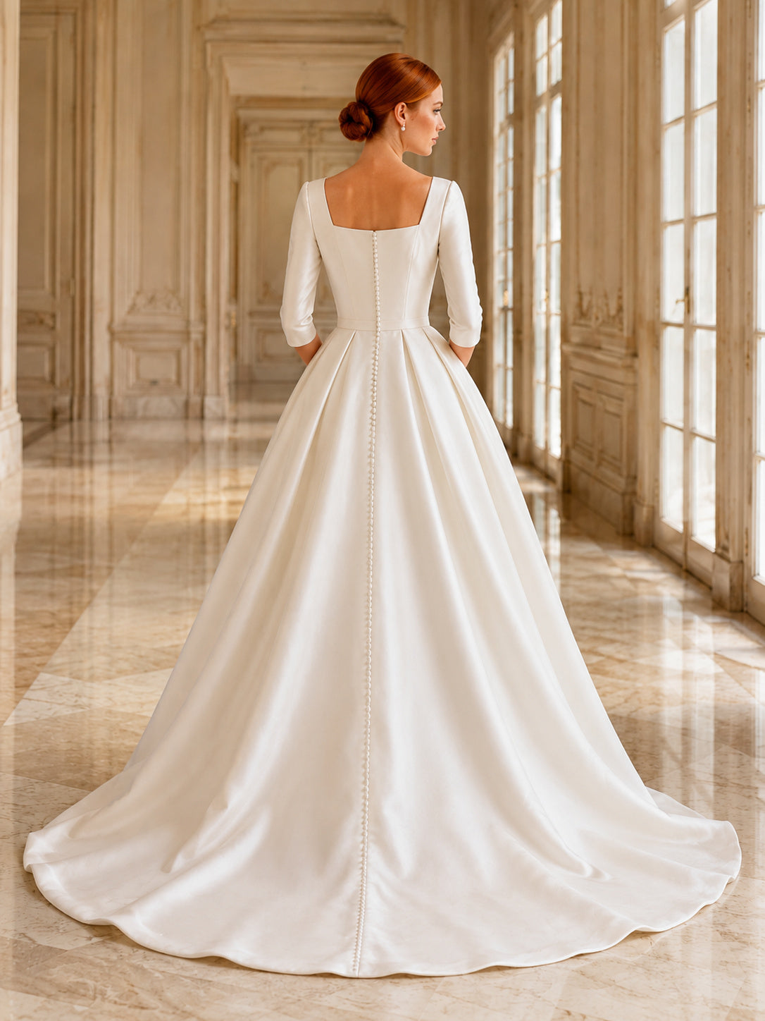 Modest Square Neck Three-Quarter Sleeve Satin Ball Gown Chapel Train Wedding Dress back view