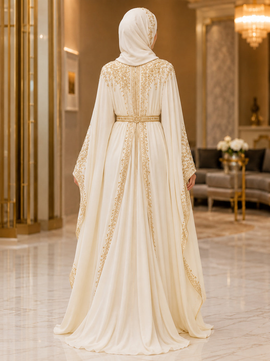 Luxury Ivory High Neck Long Bell Sleeve Gold Embroidered Chiffon A-Line Floor Length Hijab Evening Dress back view